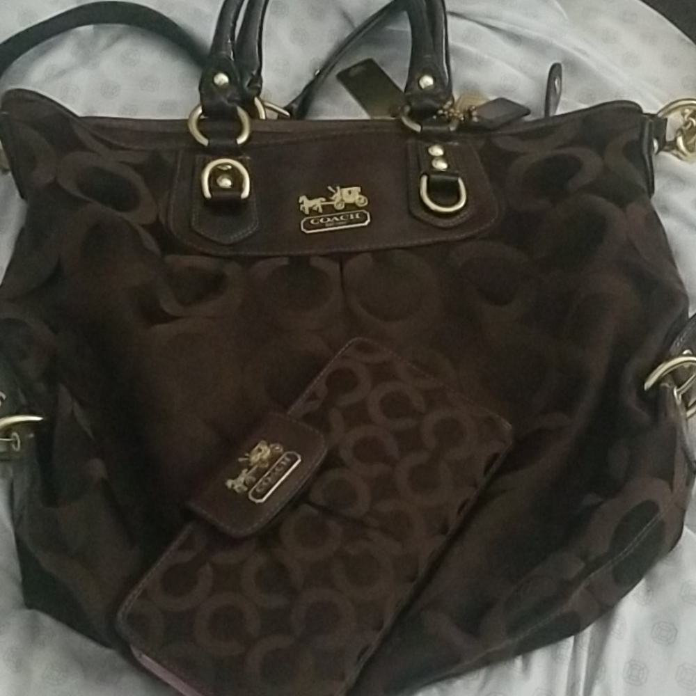Brown fabric, leather handle Coach purse